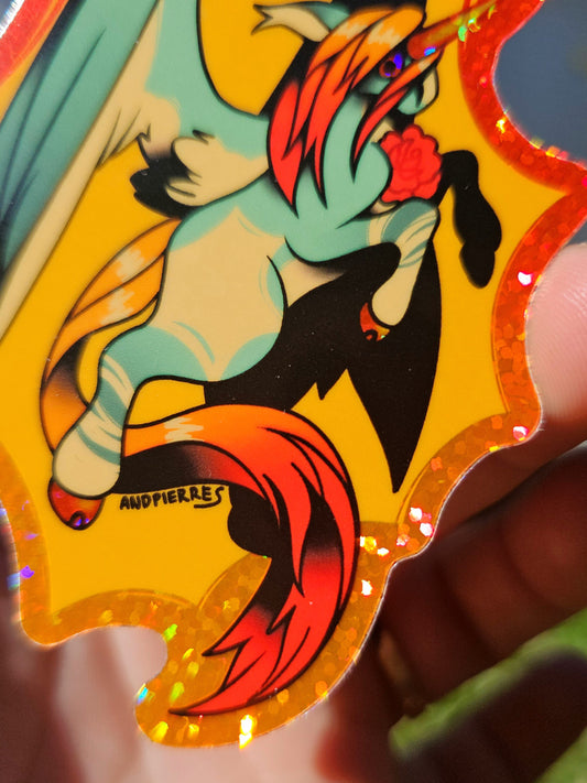 raging unicorn glitter sticker