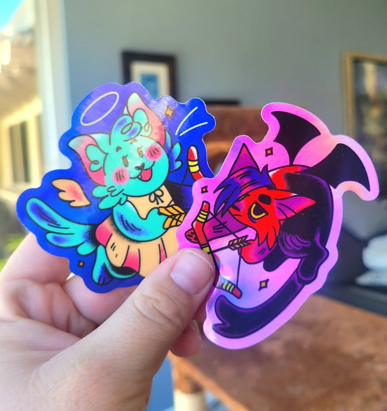 cupid & devil cats holographic stickers